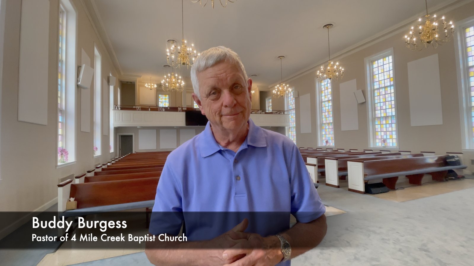 Pastor Buddy Burgess standing in the FMC sanctuary